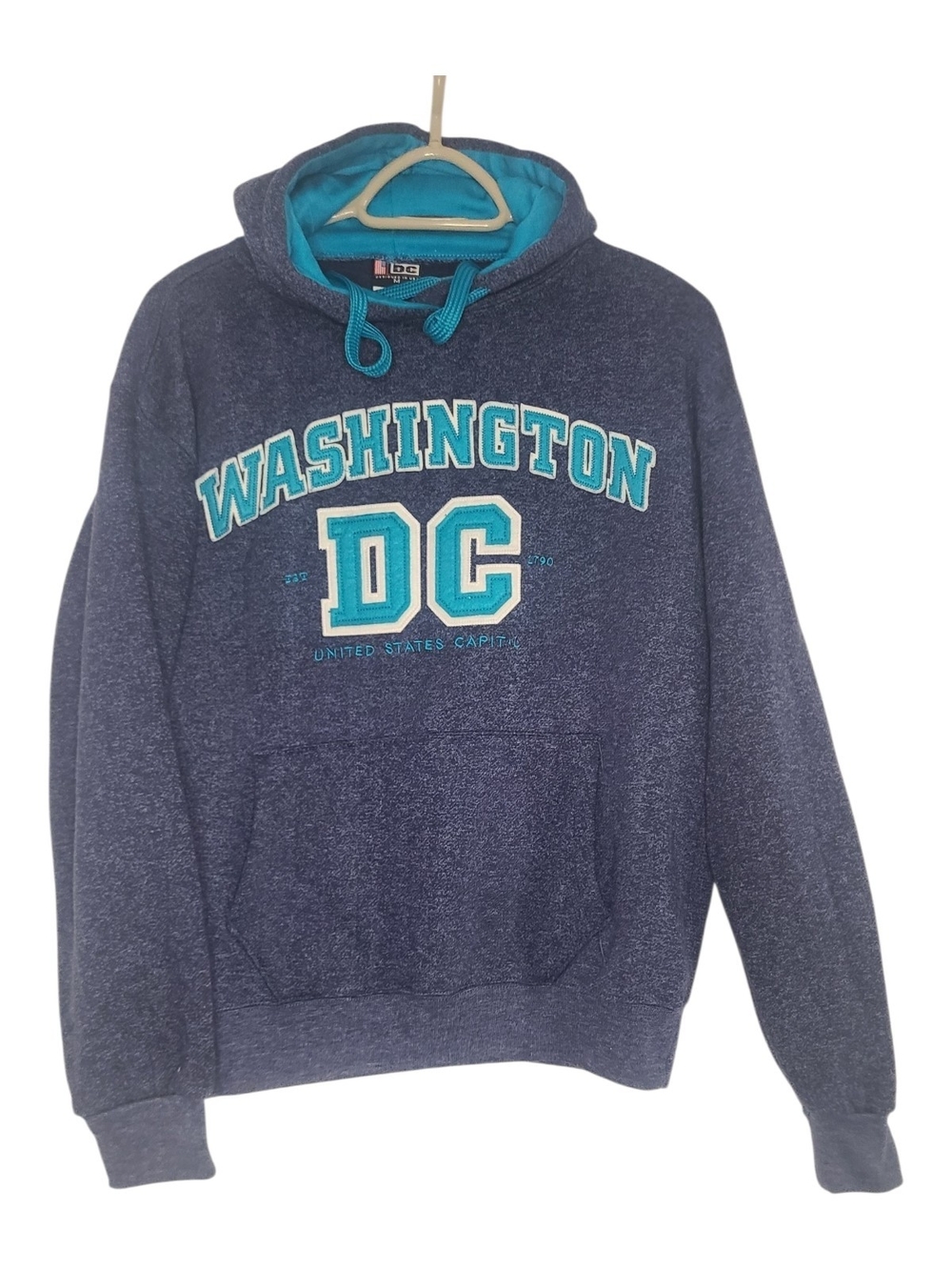 Washington DC Graphic Hoodie M Blue Teal Applique Embroidered Sleeve Sweatshirt